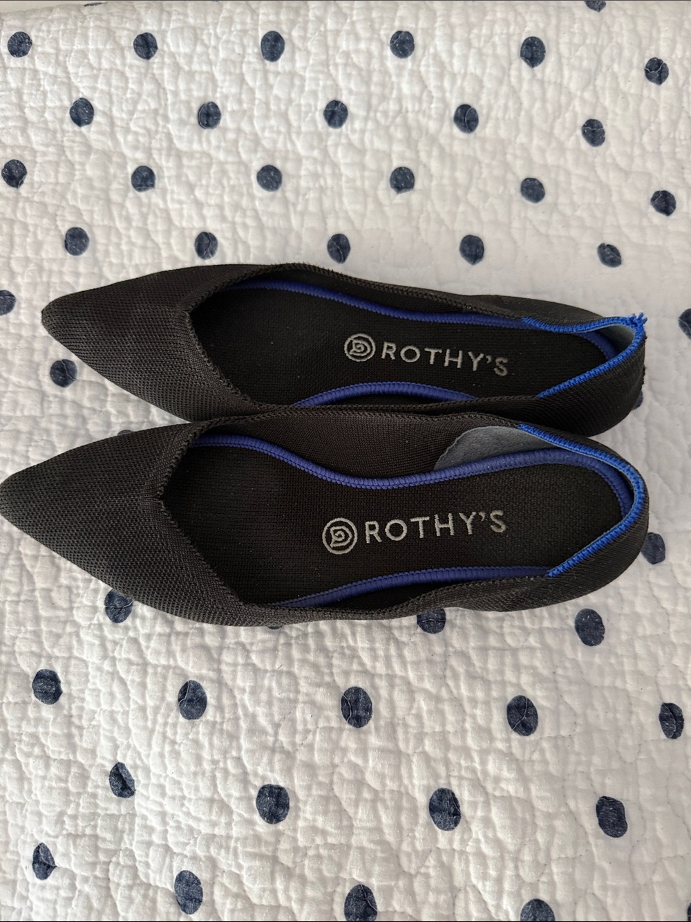 Rothy's Black Pointed-Toe Flats with Blue Trim size 8 - Picture 2 of 4